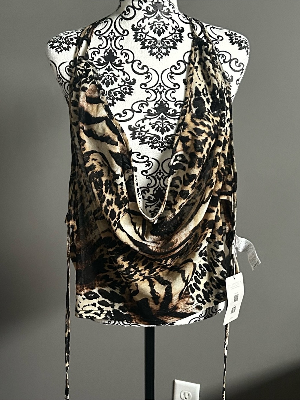 Musera Extreme Plunge Leopard Mesh Sheer top, Small